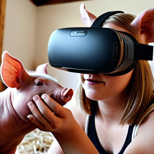 Home 19 ** A person wearing a VR headset, seemingly petting a piglet within the virtual environment of an animal sanctuary. Focus on the immersive experience and the feeling of connection with the animal.
**