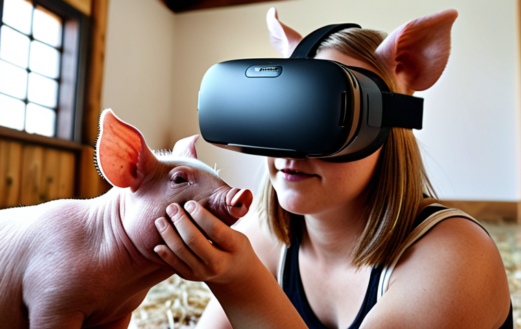 ** A person wearing a VR headset, seemingly petting a piglet within the virtual environment of an animal sanctuary. Focus on the immersive experience and the feeling of connection with the animal.
**