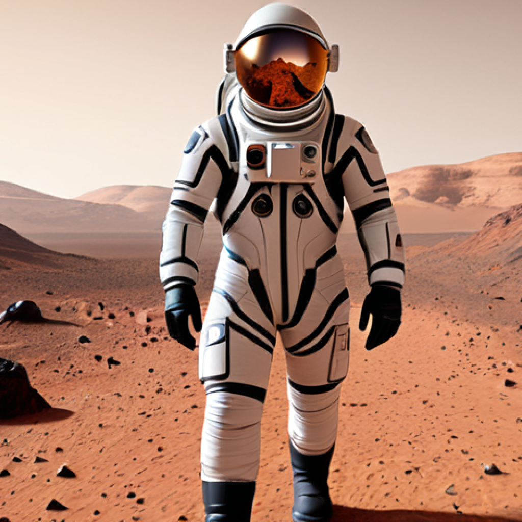 ** Astronaut "walking" on the surface of Mars in VR. Focus on the immersive experience, with a VR headset visible and realistic Martian landscape.

**