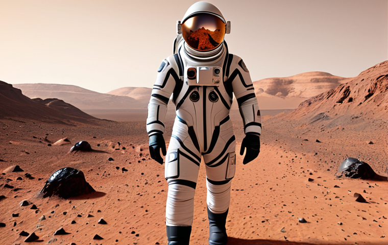 ** Astronaut "walking" on the surface of Mars in VR. Focus on the immersive experience, with a VR headset visible and realistic Martian landscape.
**
