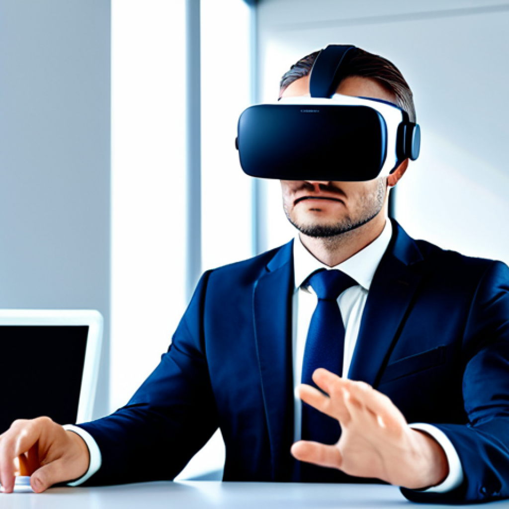 A professional person, fully clothed in a modest business suit, deeply immersed in a virtual reality headset. They are seated at a modern, uncluttered desk in a bright, futuristic office environment. Soft, ambient light illuminates their focused expression as subtle holographic interface elements glow around them. The scene conveys intense concentration and innovative technology use, safe for work, appropriate content, perfect anatomy, correct proportions, natural pose, well-formed hands, proper finger count, natural body proportions, professional photography, high quality.