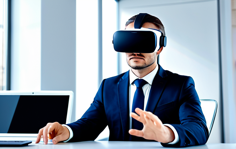 A professional person, fully clothed in a modest business suit, deeply immersed in a virtual reality headset. They are seated at a modern, uncluttered desk in a bright, futuristic office environment. Soft, ambient light illuminates their focused expression as subtle holographic interface elements glow around them. The scene conveys intense concentration and innovative technology use, safe for work, appropriate content, perfect anatomy, correct proportions, natural pose, well-formed hands, proper finger count, natural body proportions, professional photography, high quality.