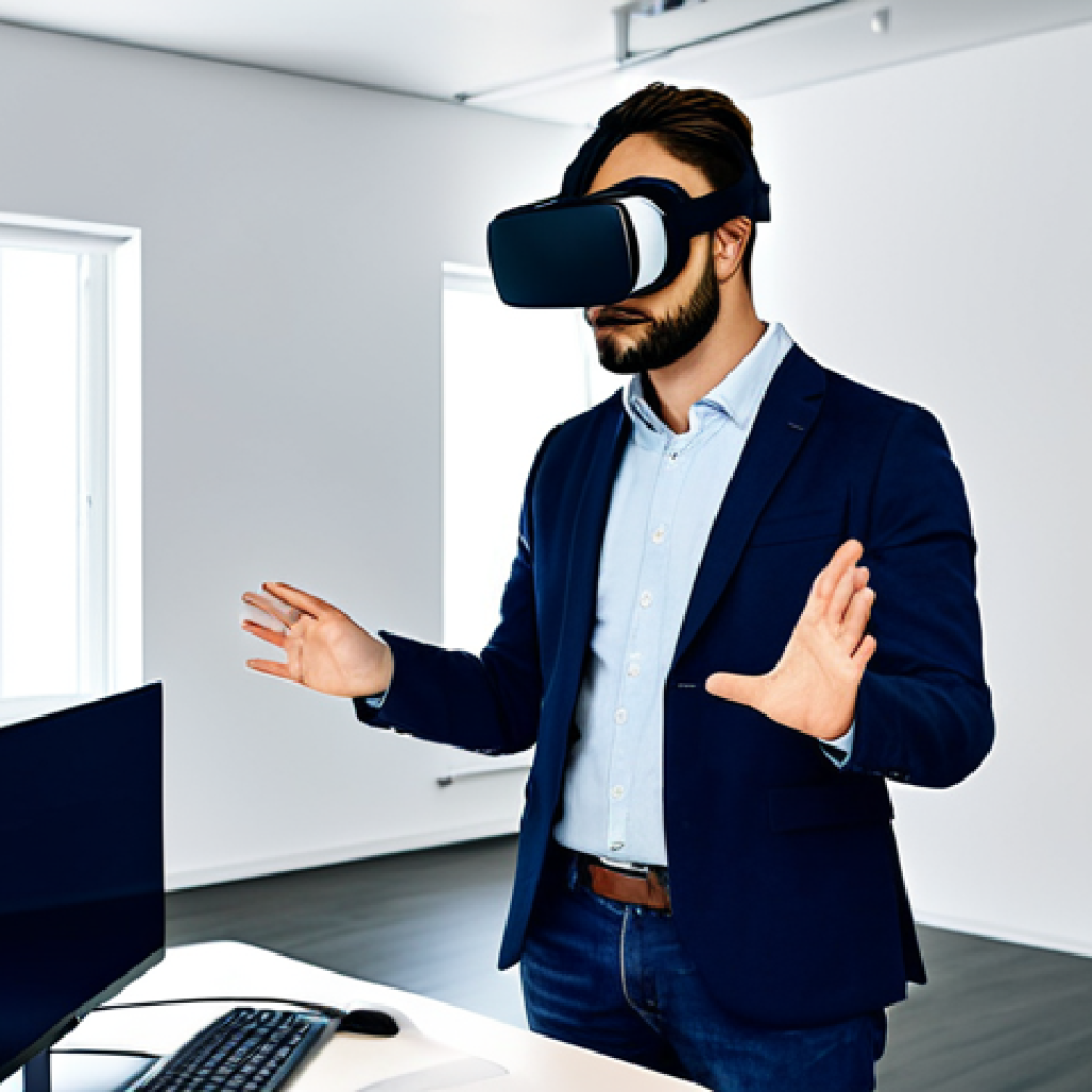 **

A professional architect wearing modest clothing and a VR headset, collaborating with colleagues in a virtual workspace showcasing a 3D architectural model. The virtual environment is bright and modern. All participants are fully clothed. Safe for work, appropriate content, perfect anatomy, correct proportions, natural pose, well-formed hands, proper finger count, natural body proportions, professional, family-friendly.

**