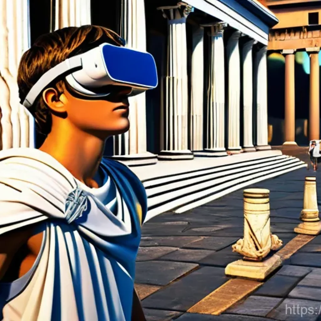 VR 교육 영상 - **Virtual Journey to Ancient Rome:**
A vibrant, realistic digital painting depicting a teenager,...