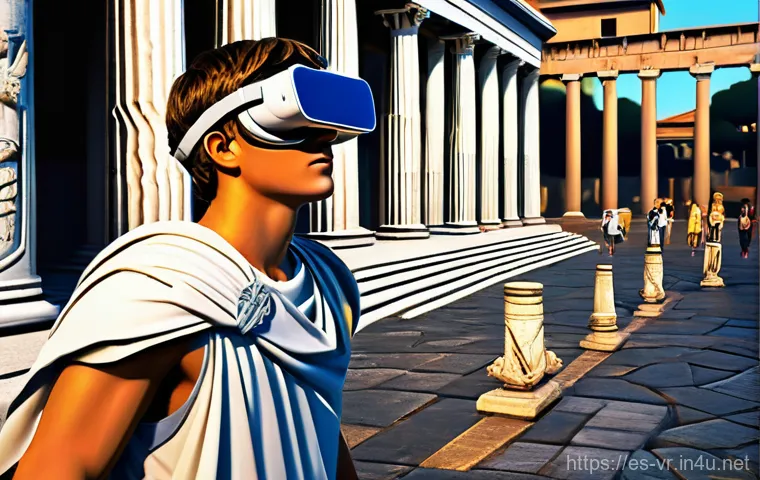 VR 교육 영상 - **Virtual Journey to Ancient Rome:**
    A vibrant, realistic digital painting depicting a teenager,...