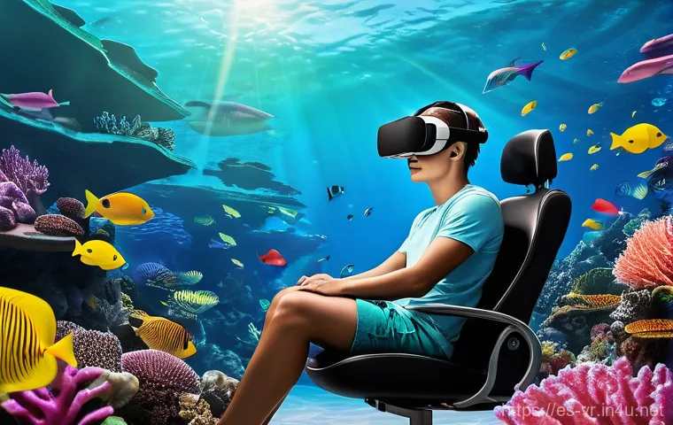 VR 관광 - **Prompt:** A young adult, dressed in casual, modest attire like a t-shirt and jeans, is sitting com...