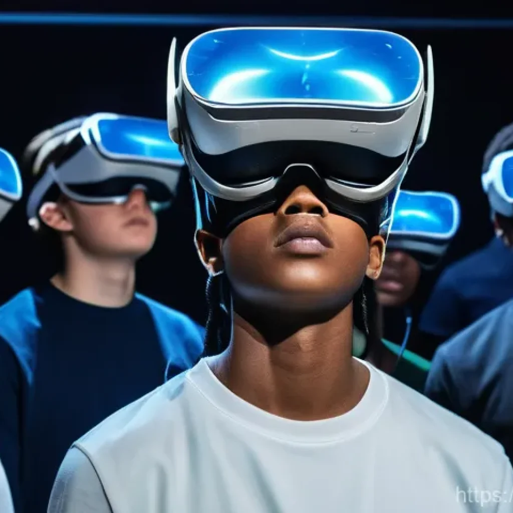 VR 콘텐츠 수익화 - A group of diverse teenagers, aged 15-18, wearing sleek virtual reality headsets, are fully immersed...