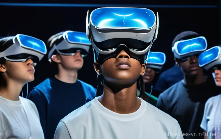 VR 콘텐츠 수익화 - A group of diverse teenagers, aged 15-18, wearing sleek virtual reality headsets, are fully immersed...