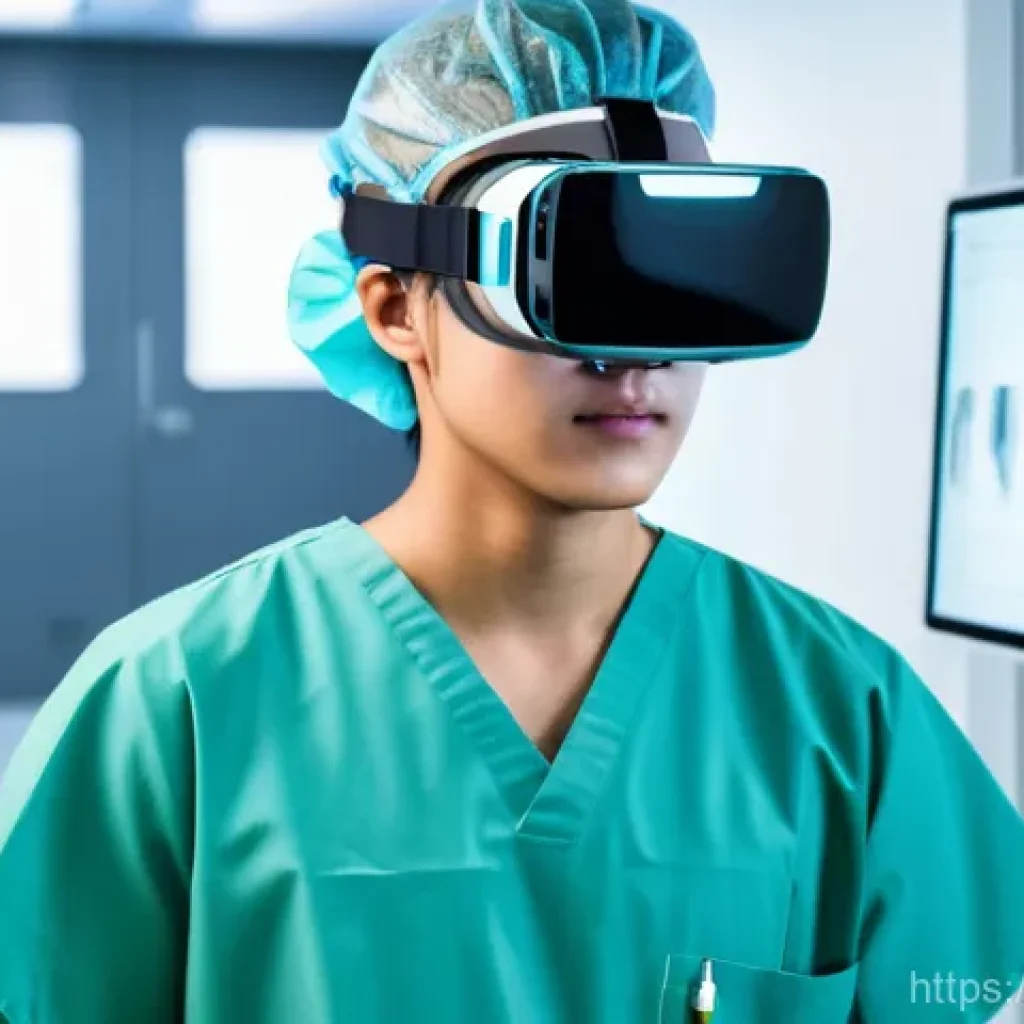 가상현실 의료 분야 - **VR Surgical Training Simulation**
    A highly detailed, realistic image of a young, focused medic...
