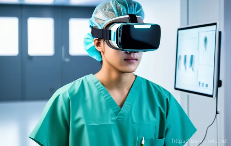가상현실 의료 분야 - **VR Surgical Training Simulation**
A highly detailed, realistic image of a young, focused medic...