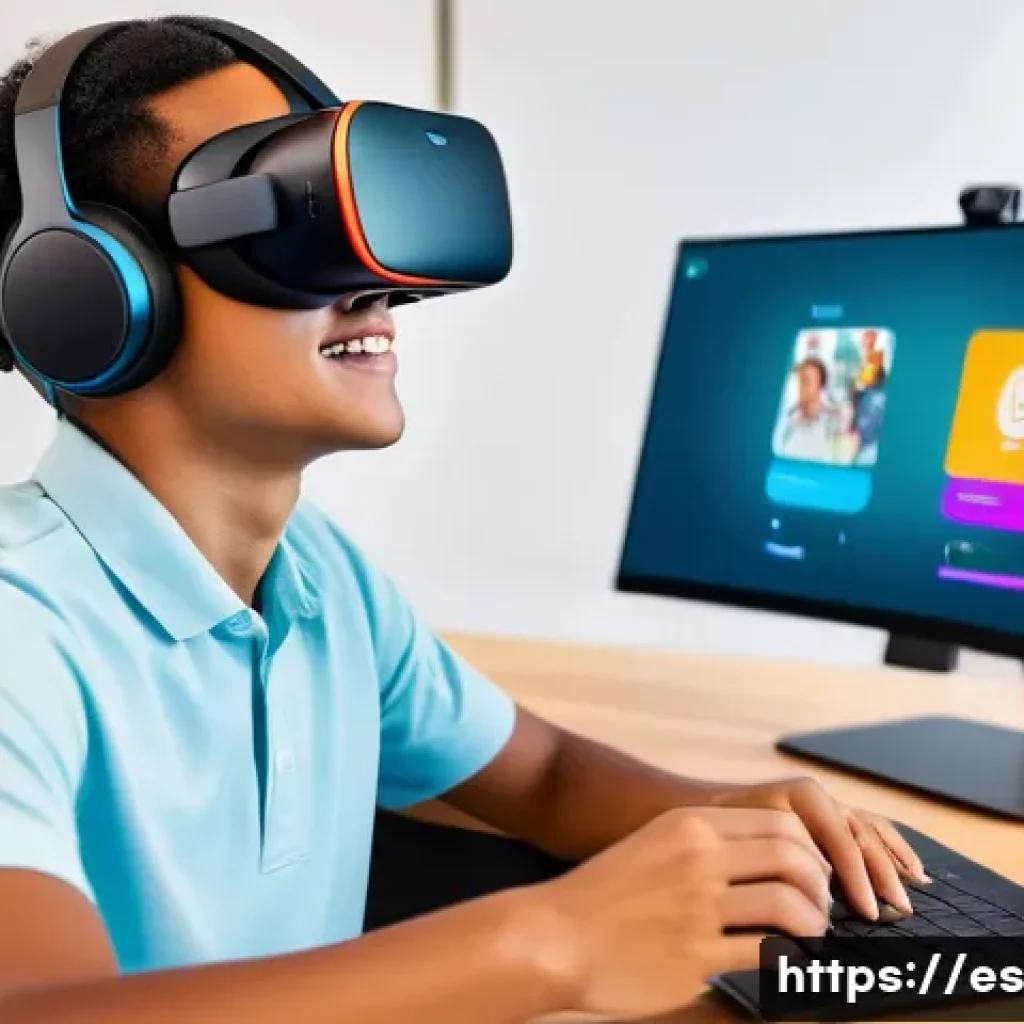 VR 인공지능 AI  활용 - A vibrant virtual classroom scene set in a modern Spanish school, showing diverse students wearing c...