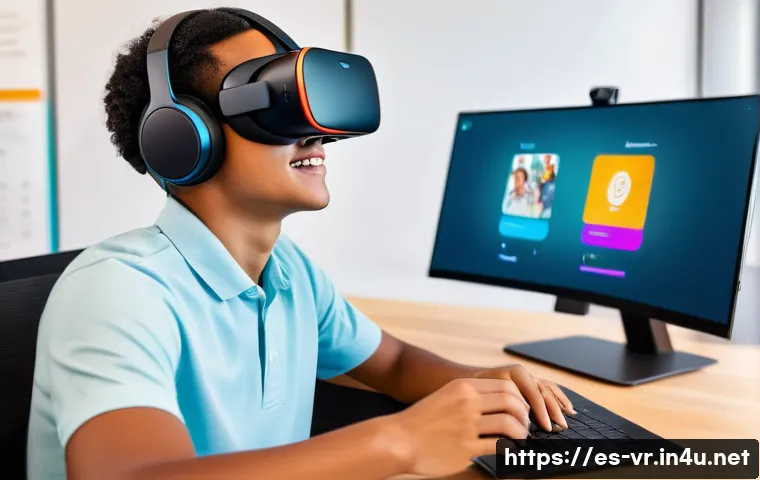 VR 인공지능 AI  활용 - A vibrant virtual classroom scene set in a modern Spanish school, showing diverse students wearing c...
