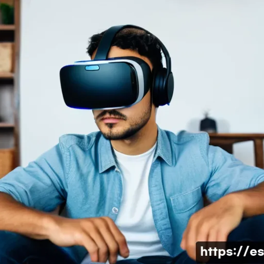 VR 기술의 문제점 - A young Hispanic man in his mid-20s wearing a modern VR headset and casual clothing, sitting in a we...