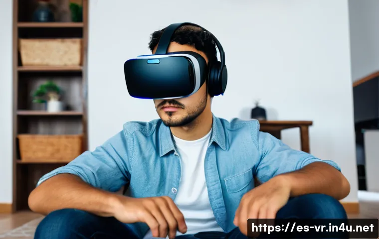 VR 기술의 문제점 - A young Hispanic man in his mid-20s wearing a modern VR headset and casual clothing, sitting in a we...
