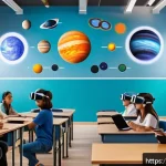 Home 22 가상현실 미디어 - A modern classroom scene in a Spanish school where diverse students are using lightweight wireless V...