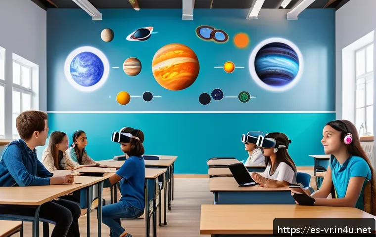 가상현실 미디어 - A modern classroom scene in a Spanish school where diverse students are using lightweight wireless V...