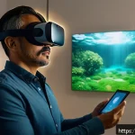 Home 21 VR 심리치료 - A modern therapy room featuring a young Hispanic woman wearing casual, modest clothing and VR goggle...