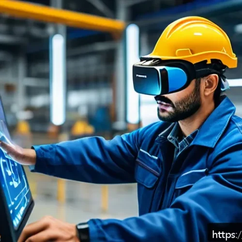 Home 32 VR 엔터프라이즈 솔루션 - A professional Spanish industrial worker wearing safety gear and VR headset, engaged in an immersive...