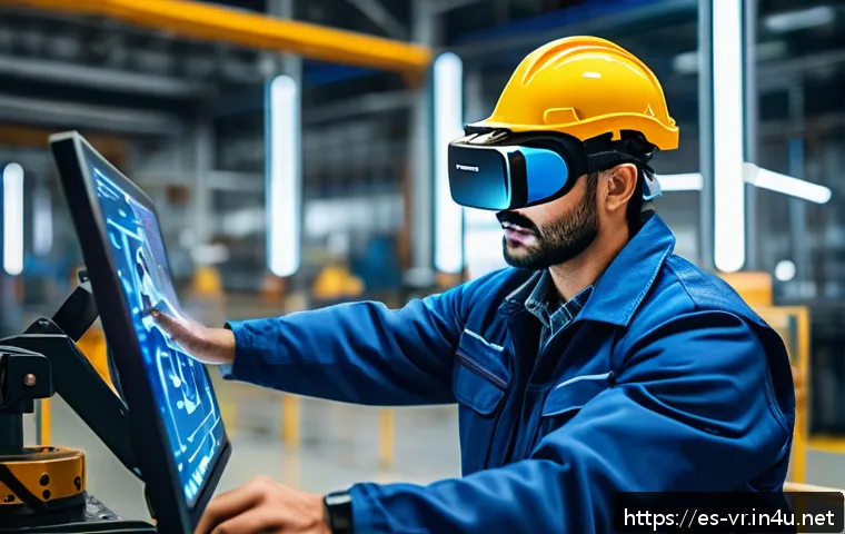 VR 엔터프라이즈 솔루션 - A professional Spanish industrial worker wearing safety gear and VR headset, engaged in an immersive...