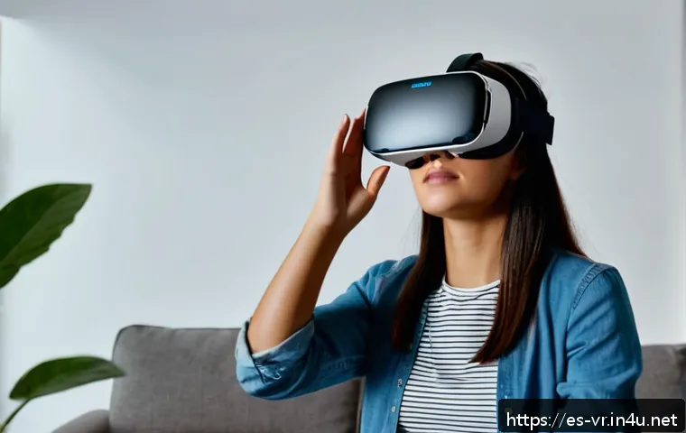 VR 모션 추적 - A young adult Hispanic woman wearing a high-tech VR headset with visible sensors and wireless contro...