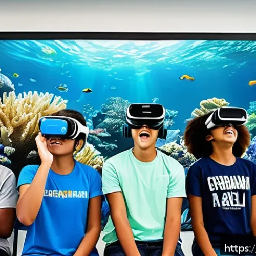 Home 30 VR 교육 효과 - A group of diverse Spanish-speaking high school students wearing virtual reality headsets and casual...