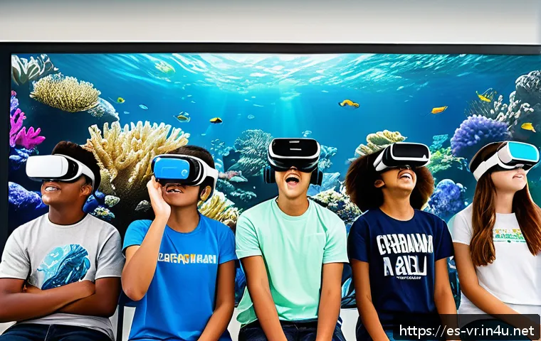 VR 교육 효과 - A group of diverse Spanish-speaking high school students wearing virtual reality headsets and casual...
