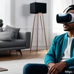 Home 23 VR 음향 기술 - A futuristic virtual reality setup featuring a young adult wearing a sleek VR headset and advanced s...