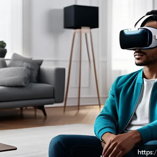 Home 17 VR 음향 기술 - A futuristic virtual reality setup featuring a young adult wearing a sleek VR headset and advanced s...
