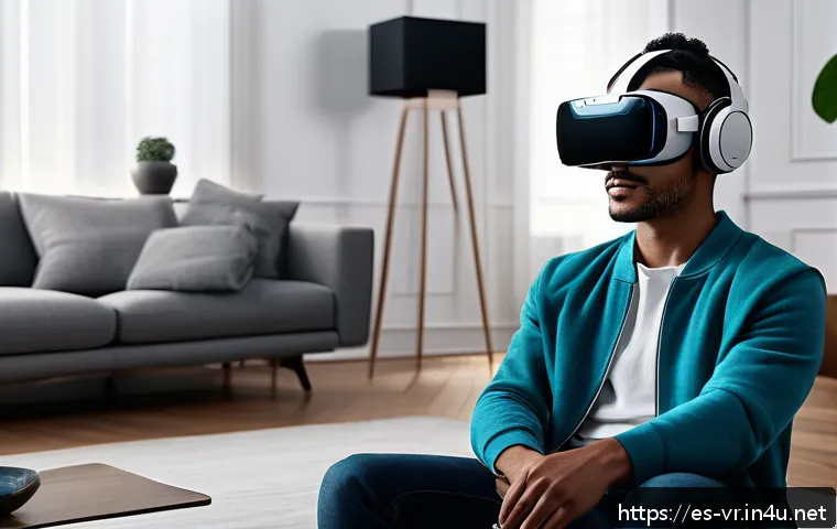 VR 음향 기술 - A futuristic virtual reality setup featuring a young adult wearing a sleek VR headset and advanced s...