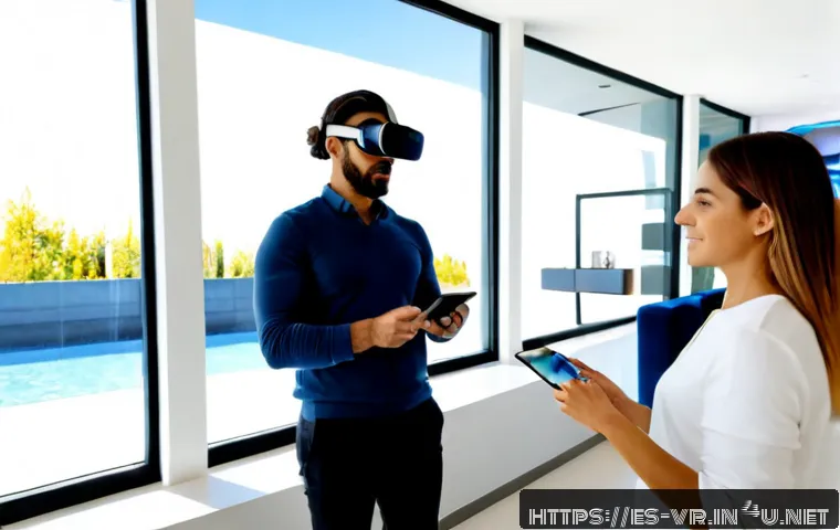 VR 마케팅 캠페인 - Photorealistic VR marketing campaign scene in a bright contemporary Madrid retail showroom, a divers...