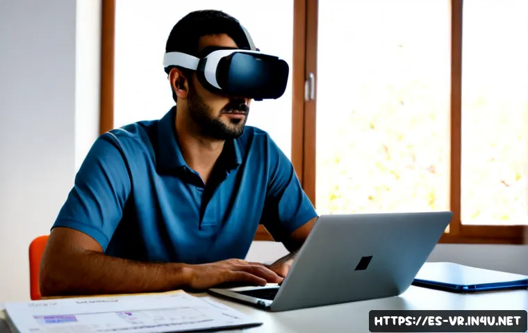 VR 기술 관련 논문 - Photorealistic university research workspace in Spain, a focused adult researcher wearing a sleek vi...