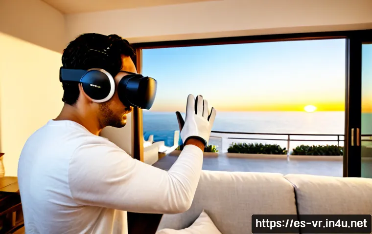 Home 15 VR 현실감 증대 기술 - Photorealistic Spanish family living room, an adult wearing a sleek wireless VR headset and lightwei...