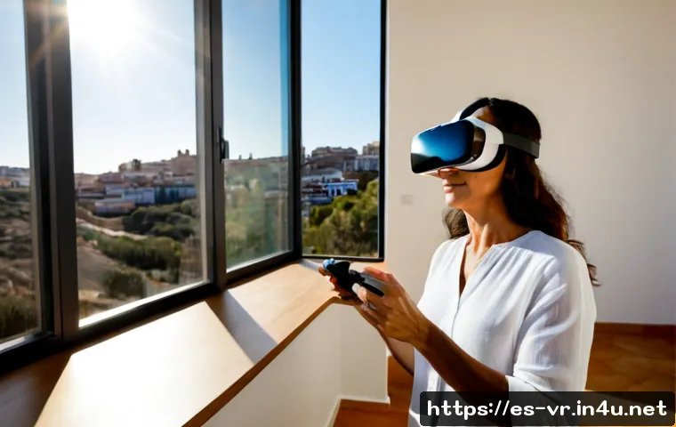 VR 몰입형 경험 - Photorealistic immersive VR experience in a bright modern Madrid apartment, middle-aged Spanish woma...